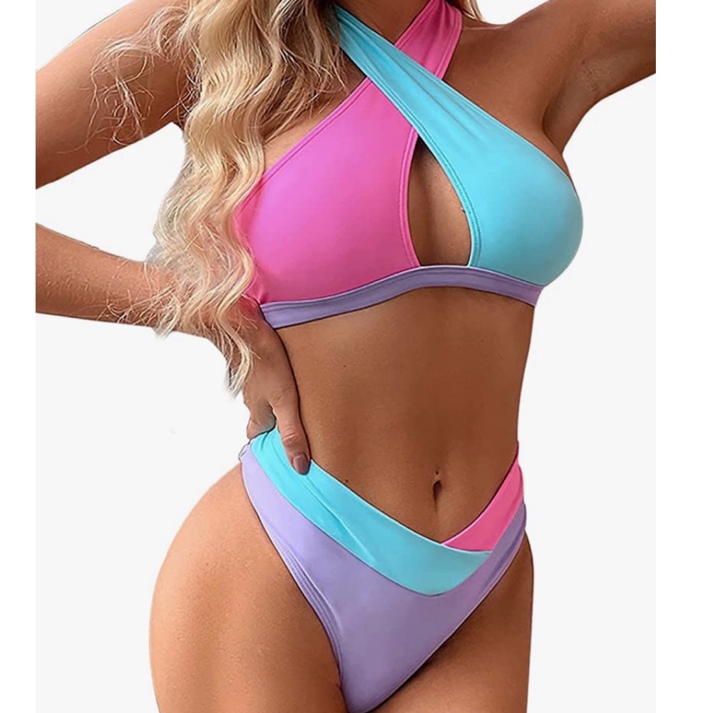 Shein Colorblock High Waisted Twisted Halter Bikini Size Large